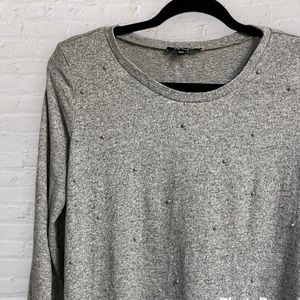 Lily Morgan pearl studded heathered gray sweater with ruffle hem, classy & cozy